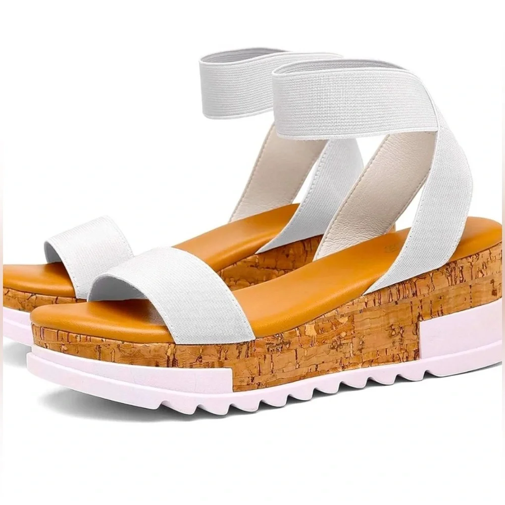 KATLIU WEDGE CORK PLATFORM SANDALS ELASTIC ANKLE STRAP WOMENS WHITE COLOR SIZE 9